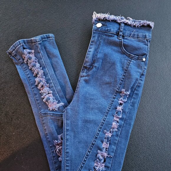 Just Q Aroma Design Women's Blue Destressed Fringe Waist Skinny Jeans Size L - Picture 2 of 16